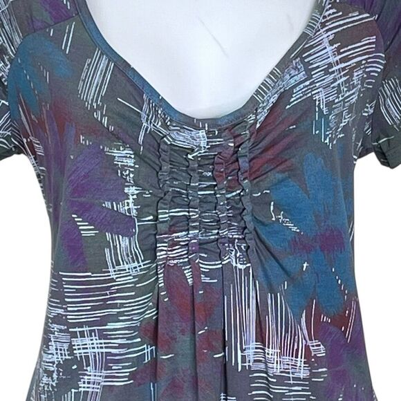 Fresh Produce Stretch Dress Size Small Pullover V-Neck Ruched Gray Purple Floral - Picture 4 of 9